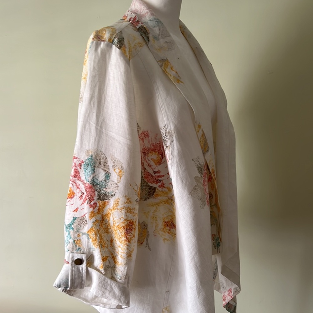 Chico’s Women Sz 2 Open Front Cardigan Linen Tunic Pastel Roses Flowers Floral - Picture 2 of 6